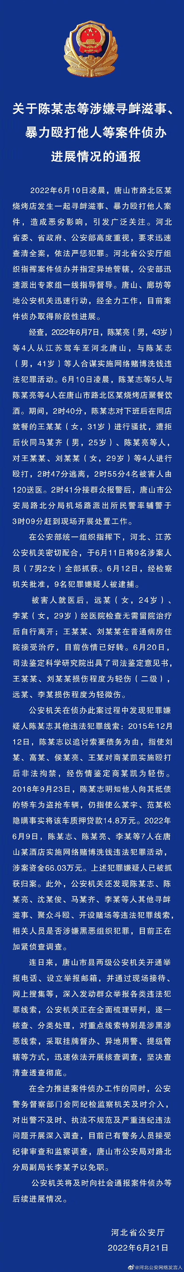 關(guān)于陳某志等涉嫌尋釁滋事、暴力毆打他人等案件偵辦進展情況的通報