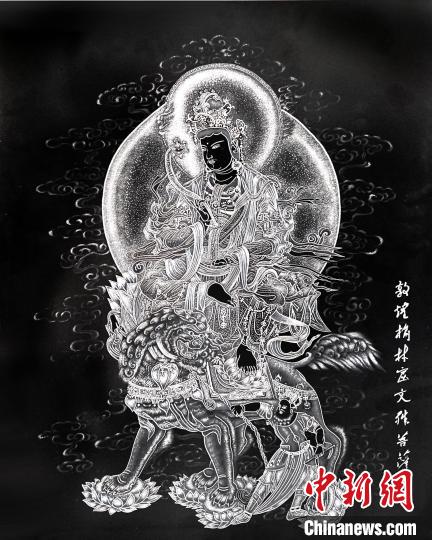圖為朱增平創(chuàng)作的鍥金畫《敦煌榆林窟文殊菩薩》。(資料圖) 受訪者供圖