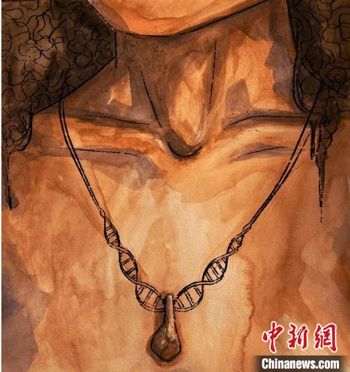 墜飾藝術再現(xiàn)圖，圖中吊墜繩為DNA螺旋樣式(圖片作者Myrthe Lucas)。　施普林格·自然 供圖