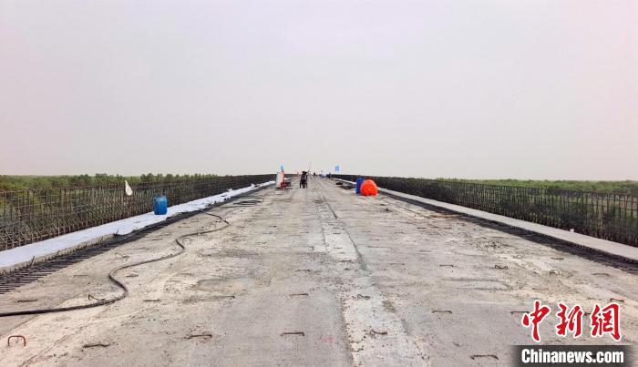 工作人員正在橋面上緊張有序地施工?！∈酚窠?攝