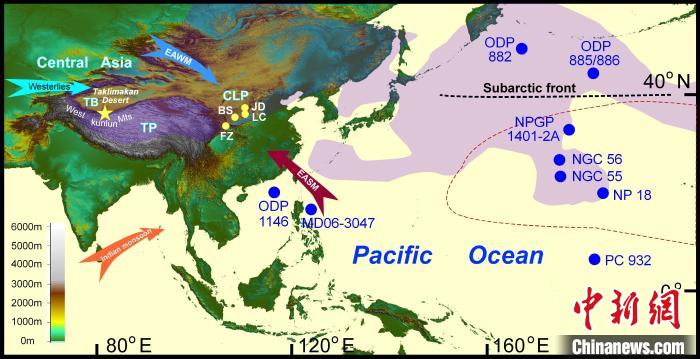 塔里木沙塵傳輸至北太平洋的路徑(陰影區(qū))及西昆侖山黃土巖芯位置(五角星)?！≈锌圃呵嗖馗咴?供圖