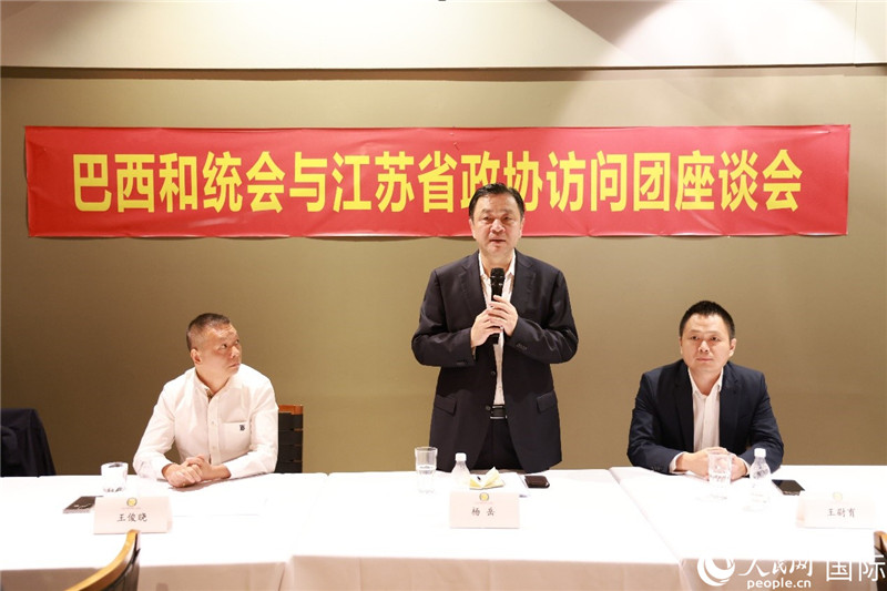 江蘇省政協(xié)副主席楊岳（中）在座談會上致辭。人民網(wǎng)記者 陳海琪攝