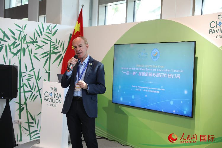 綠色聯(lián)盟聯(lián)合主席、世界自然基金會國際特使蘭博蒂尼在“一帶一路”綠色低碳轉型合作研討會上發(fā)言。人民網(wǎng)記者 張志文攝