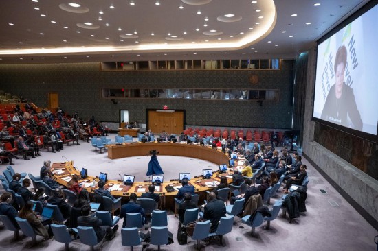 這是2023年11月20日在位于紐約的聯(lián)合國總部拍攝的安理會“共同發(fā)展促進(jìn)持久和平”公開辯論會現(xiàn)場。中國作為輪值主席，倡議聯(lián)合國安理會20日舉行主題為“共同發(fā)展促進(jìn)持久和平”的公開辯論會。新華社發(fā)（聯(lián)合國供圖/埃斯金德·德貝卜攝）