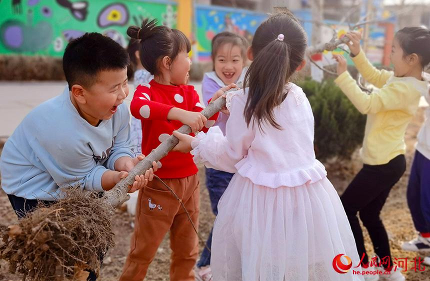 河北省東光縣小朋友們開心的種下小樹苗。 陳英華攝