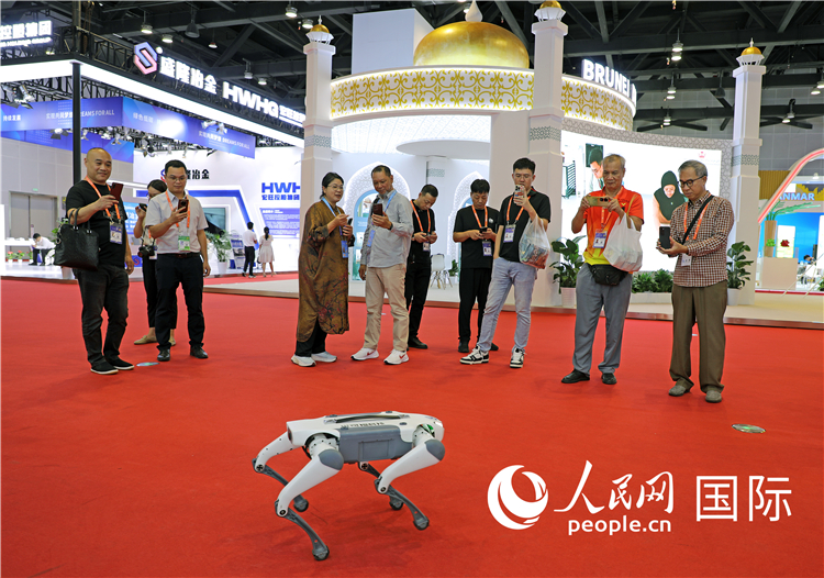 東博會上，觀眾正在參觀一只機器狗。綠色能源、新能源汽車、綠色農(nóng)產(chǎn)品等成為本屆東博會觀眾關(guān)注的焦點。人民網(wǎng)記者 趙益普攝