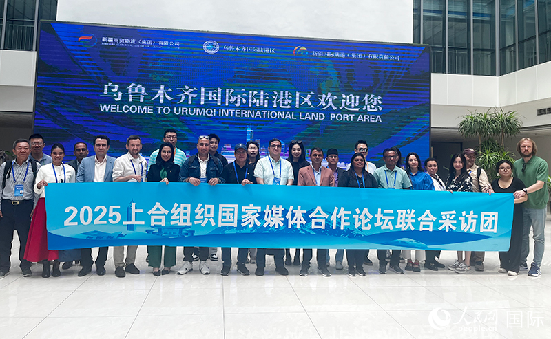 5月26日，外國(guó)媒體人在烏魯木齊國(guó)際陸港區(qū)合影留念。 人民網(wǎng)記者 翟轉(zhuǎn)麗攝
