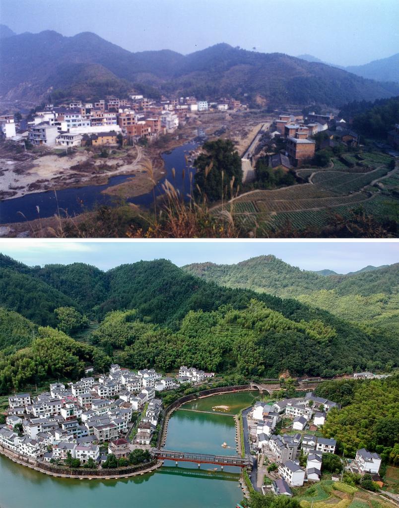 圖為浙江省杭州市淳安縣楓樹嶺鎮(zhèn)下姜村拼版圖，其中上圖為資料照片、下圖由新華社記者張鋮攝。