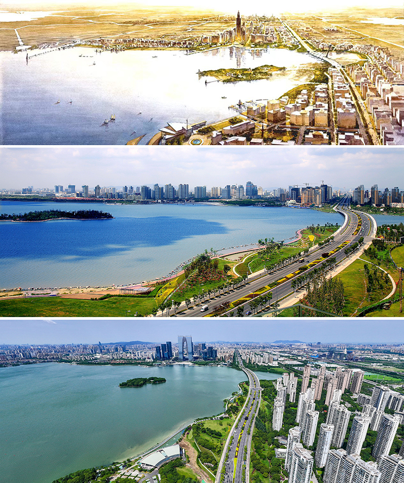 拼版照片：上圖為1994年繪制的蘇州工業(yè)園區(qū)手繪規(guī)劃圖；中圖為2007年拍攝的蘇州工業(yè)園區(qū)；下圖為2023年7月4日用無人機(jī)拍攝的蘇州工業(yè)園區(qū)。