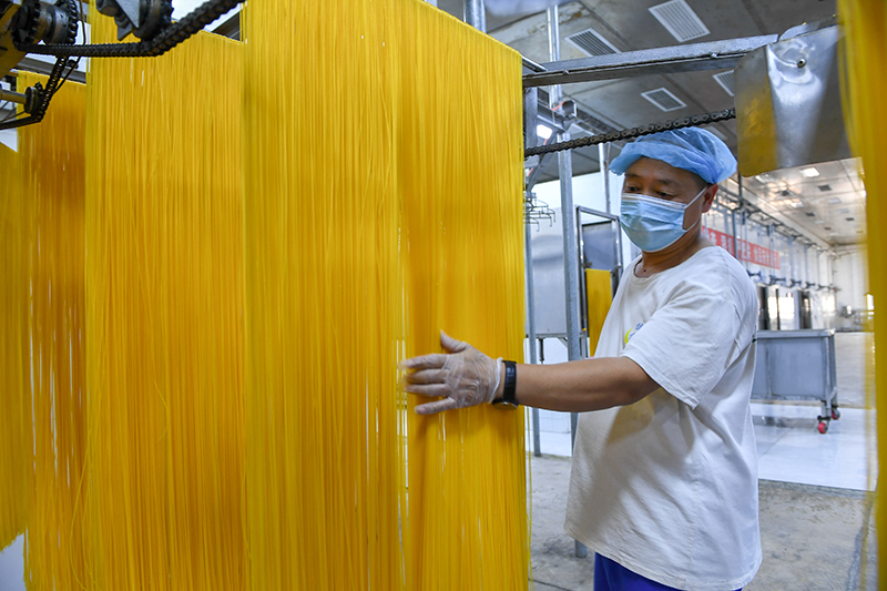 2024年1月25日，在吉林省公主嶺市的一家公司車間，工人查看玉米面條生產(chǎn)情況。