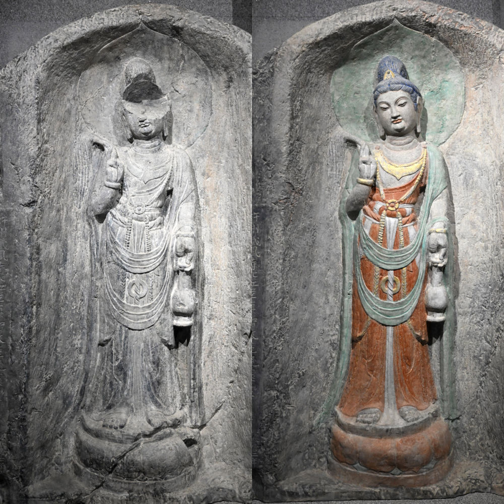左圖為龍門石窟萬佛洞窟前南壁菩薩造像的3D打印模型；右圖為利用數(shù)字化技術復原后的3D打印模型（2025年4月10日攝，拼版照片）。復原后的像龕精妙絕倫，栩栩如生，被游客譽為“龍門最美菩薩”。圖片來源新華社