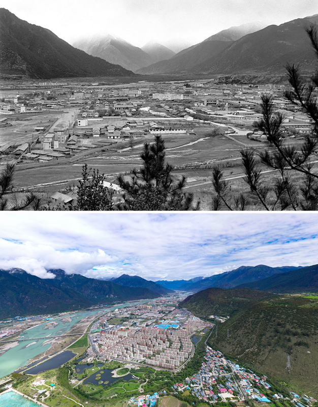 拼版照片：上圖是20世紀(jì)90年代的西藏林芝八一鎮(zhèn)；下圖是2021年7月20日拍攝的西藏林芝八一鎮(zhèn)風(fēng)貌。