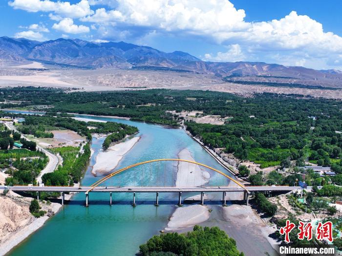 航拍貴德縣黃河岸畔綠意盎然。　馬銘言 攝