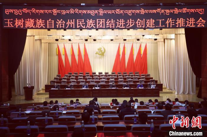 圖為玉樹州民族團結進步創(chuàng)建工作推進會現(xiàn)場?！『F龍 攝