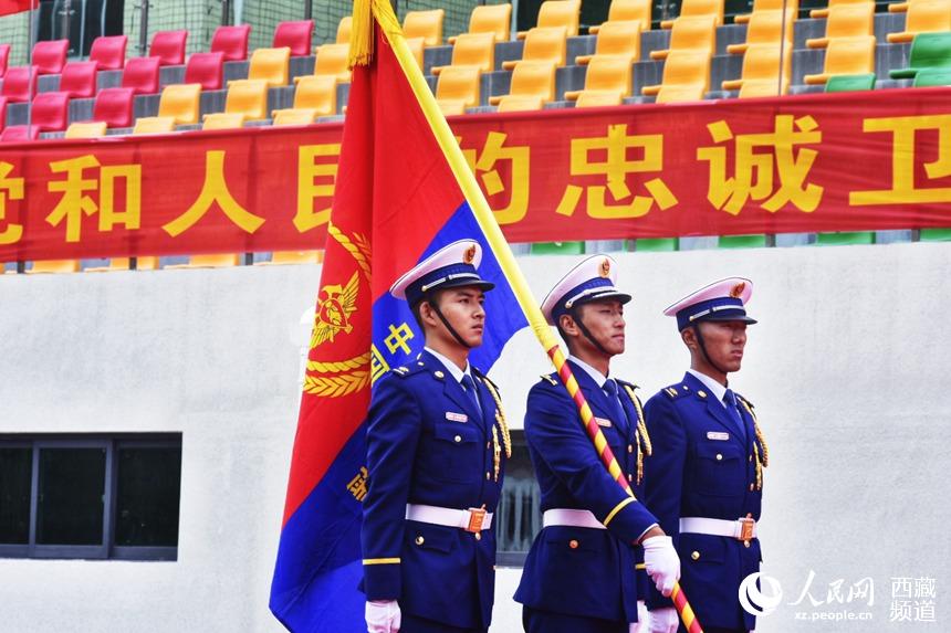 迎國家綜合性消防救援隊伍隊旗。人民網(wǎng) 李海霞 攝
