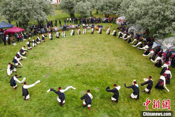 資料圖為西藏昌都丁青縣民眾跳歡快的鍋莊舞?！〗w波 攝