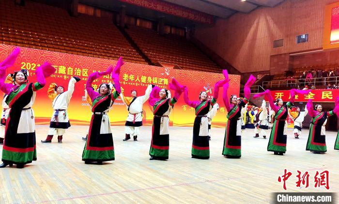 圖為西藏老年舞蹈隊(duì)齊跳傳統(tǒng)鍋莊舞?！∝暽＠?攝