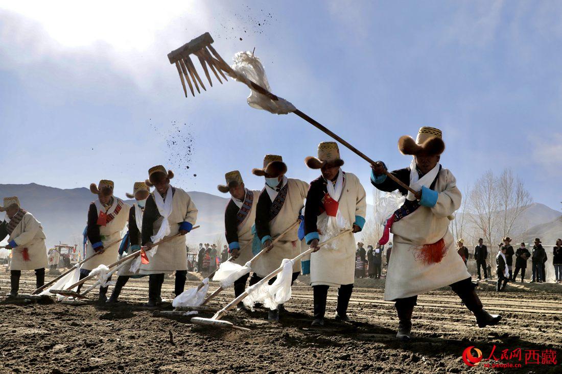 當(dāng)?shù)卮迕裆碇?jié)日盛裝，舉行春耕儀式。人民網(wǎng) 次仁羅布攝