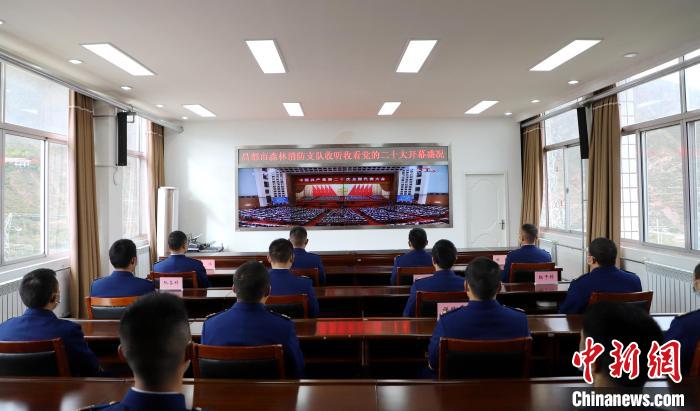 圖為西藏昌都市森林消防支隊(duì)收看二十大開幕直播?！⌒焖寂?攝