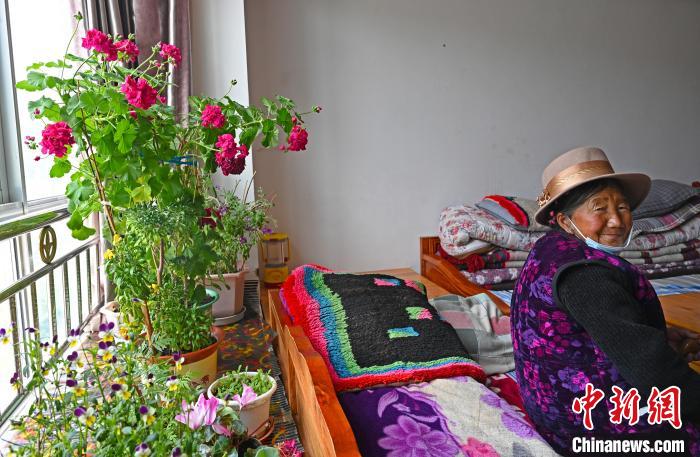 圖為曲松縣特困人員集中供養(yǎng)中心老人德吉卓嘎與她的花?！≮w朗 攝
